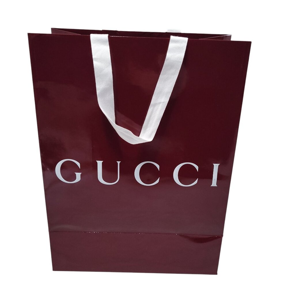 Gucci Red Glossy Gift Bag Reusable Shopping Logo Spell Out Empty 13.75 x 10 in